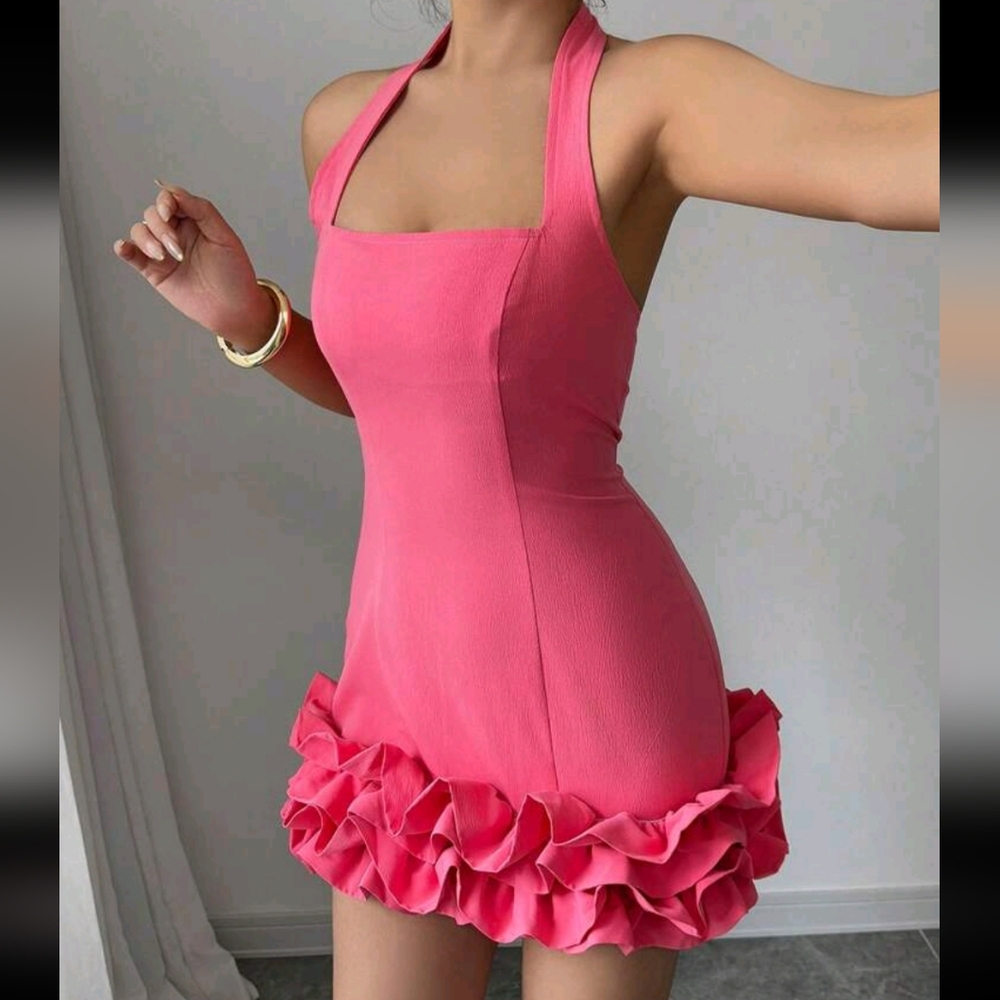 Women's Elegant Square Collar Halter Ruffle Hem Mini Skirt, Suitable For Party - Picture 3 of 4